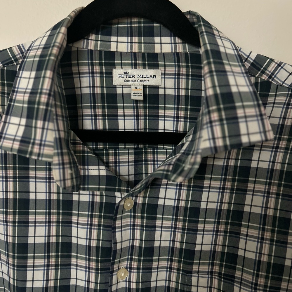 Peter Millar Green and White Checkered Button-Down Shirt
